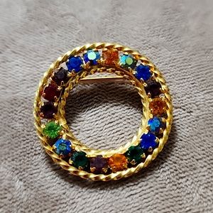 Vintage 1960s Gold Multi-Color Rhinestone Circle Pin